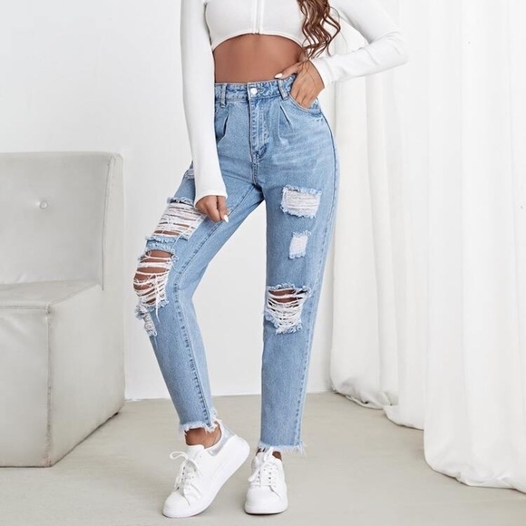 SHEIN High Waisted Raw Hem Ripped Jeans   Size S - Picture 1 of 12